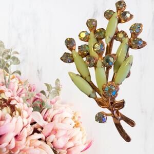 Bouquet of Lime Green Navette with Aurora Borealis Chaton Rhinestones Brooch
